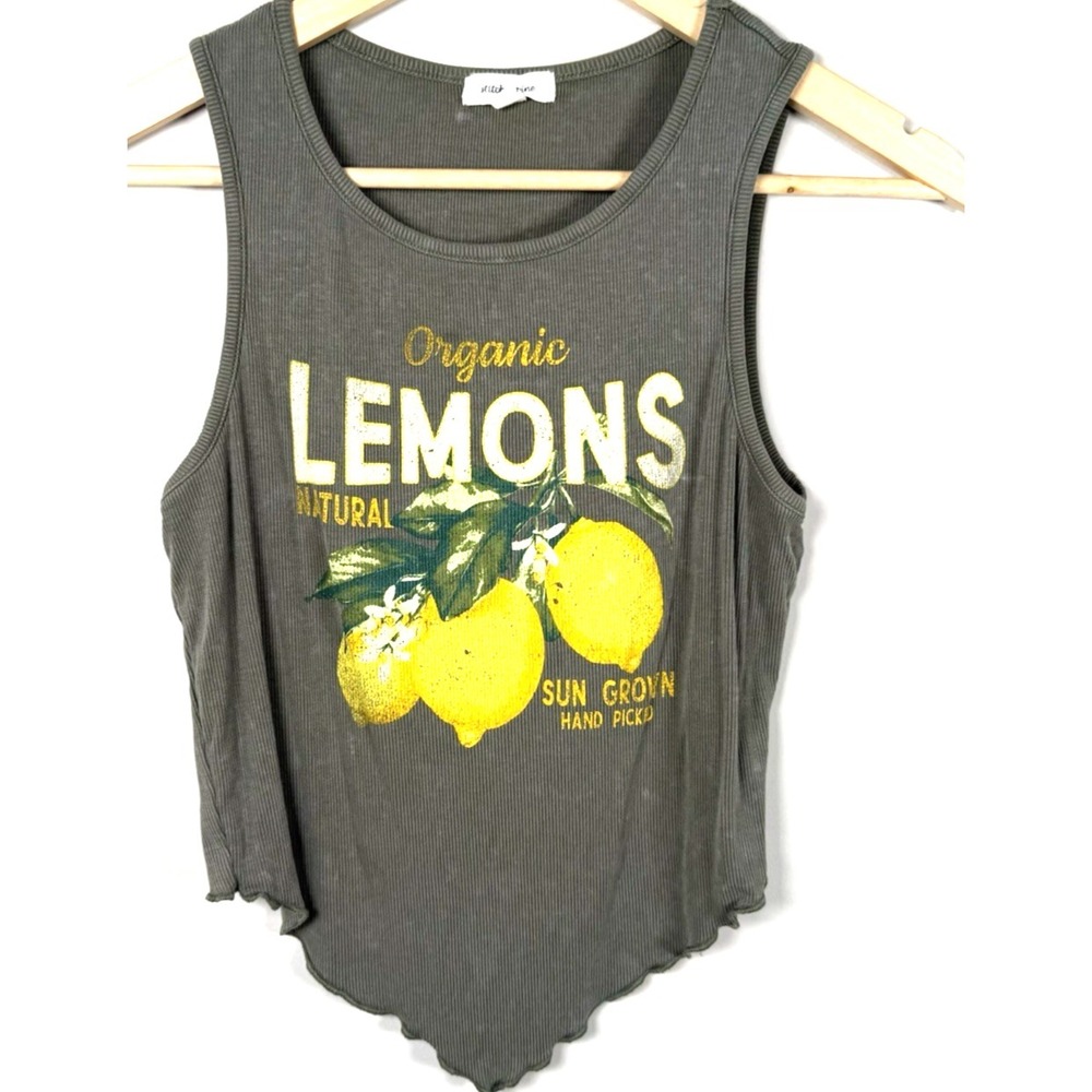 Organic Lemons Handkerchief Crop Tank Top Ribbed Knit Grey Olive Mineral Wash M